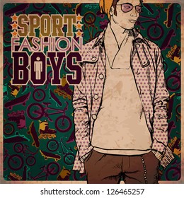 Cool boy in sketch-style on a sports background. Vector illustration