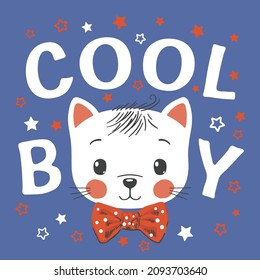 Cool Boy Slogan-Text mit Katzenjunge Gesicht auf dunklem Hintergrund. Cartoon-Illustration für T-Shirt-Grafiken, Modedrucke und andere Verwendungszwecke