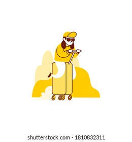 Cool-Junge mit Sonnenbrille und Hut auf Koffer Vektorgrafik Konzept