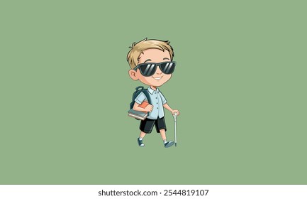 Cool boy with sunglasses and books, ready for school.