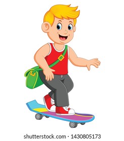 the cool boy using the green bag and playing the skate board