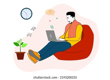 Cool boy using laptop on bean bag illustration vector design elements red colour dress
