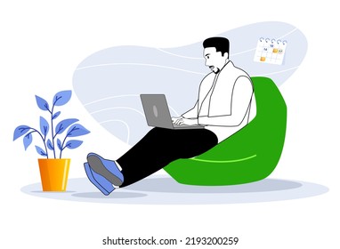 Cool boy using laptop on bean bag illustration vector design elements red colour dress
