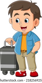 The cool boy is waiting for bus and bring a suitcase of illustration
