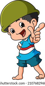 El chico genial está usando una gorra militar y apuntando a la ilustración
