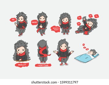 Cool Boy Wearing Casual Clothes Sticker Character Vector in Multiple Expressions