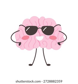 Carácter guay del cerebro en gafas de sol. Concepto de autoconfianza. Divertida mascota emocional. Ilustración vectorial aislada