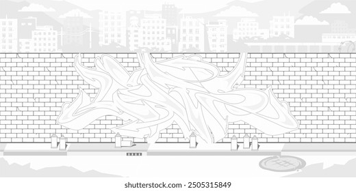 Cool Brick Wall With Street Art Graffiti Drawing Coloring Page With Background Of The Cityscape