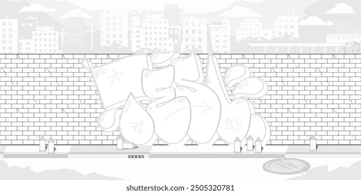 Cool Brick Wall With Street Art Graffiti Drawing Coloring Page With Background Of The Cityscape
