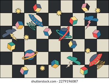 Cool bright checkerboard style background with isometric colorful cubes, planets, flying saucers, storm clouds and stars. vector illustration. hippie style 67-70s