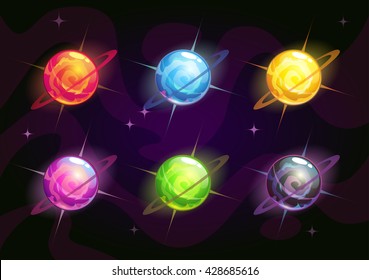 Cool bright colorful fantasy planet icons set, fantasy vector assets for space design