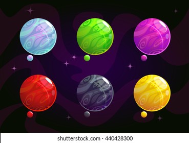 Cool bright colorful fantasy planets icons set, fantasy vector planet assets for space design