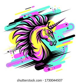 Cool bright print with angry Unicorn. Fury Magic animal colorful illustration. Vector art for apparel, textile design, fashion, mascot, sport team emblem, teenager stationery, accessories. Neon colors svg