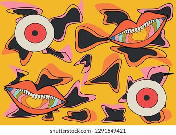 Cool bright psychedelic poison background in hippie style with eyes and mouths.vector illustration on colorful background.