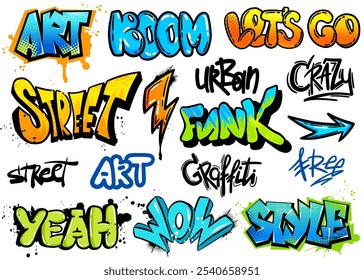 Cool bright set of graffiti words  and other graphic elements isolated on white background. Grunge style