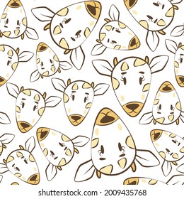 Fresco patrón amarillo brillante sin soldadura con las boquillas de una vaca o cabra. Fondos de escritorio con animales de granja. Impresión para el diseño de guarderías, ropa para niños, productos para bebés, libros y juegos. Cabezas cómicas divertidas