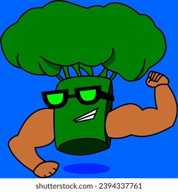 el personaje de la caricatura de brócoli fresco muestra un músculo. Comer saludable y en forma. Diseño plano. el brócoli puede ayudar a desarrollar un músculo