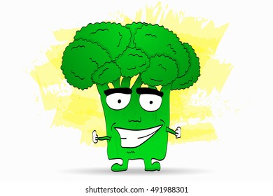 Cool broccoli character illustration in comic style with smile and thumbs up on yellow watercolor splashes backdrop. 