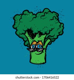 Cool broccoli character wearing sunglasses. Vegetable mascot illustration. Healthy food vector concept. Vegetarian food 