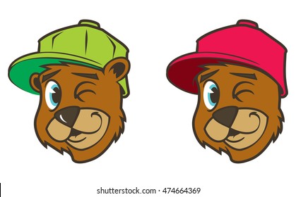 Cool brown cartoon hip hop bear character with cap.  Emotion: winking. Vector clip art illustration