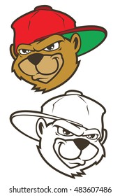 Cool brown cartoon hip hop bear character with cap. Vector clip art illustration