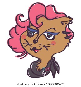 Cool brown cat with pink hairstyle and black scarf, isolated vector cartoon on white background