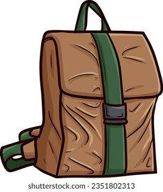 Cool brown dark green backpack cartoon illustration