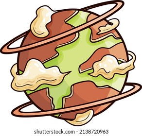 Cool brown planet with two rings cartoon illustration