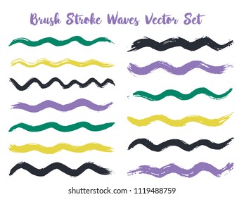 Cool brush stroke waves vector set. Hand drawn violet green brushstrokes, ink splashes, watercolor splats, hand painted curls. Vector ink color palette samples. Wavy stripes vector set.
