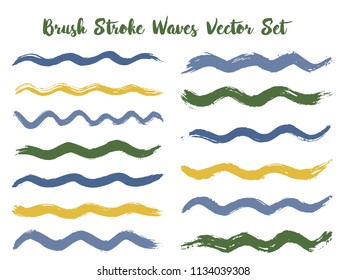 Cool brush stroke waves vector set. Hand drawn green blue gold brushstrokes, ink splashes, watercolor splats, hand painted curls. Color combinations catalog elements. Wavy stripes vector set.