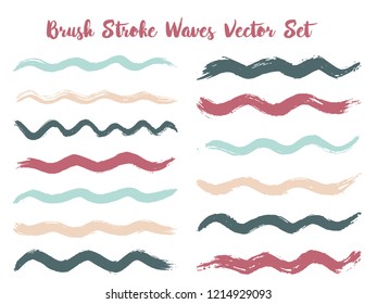 Cool brush stroke waves vector set. Hand drawn blue pink brushstrokes, ink splashes, watercolor splats, hand painted curls. Interior paint color palette elements. Summer design paint brush curves.