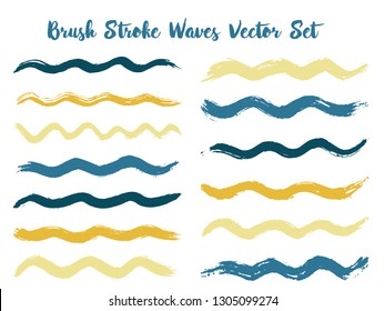 Cool brush stroke waves vector set. Hand drawn teal gold brushstrokes, ink splashes, watercolor splats, hand painted curls. Interior paint color palette samples. Wavy stripes vector set.