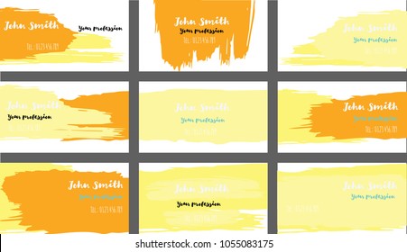 Cool Brushstrokes Painted Business Cards Vector Set. Watercolor Lines, Smears, Hipster Corporate Identity. Trendy Funky Colored Banners, Music Poster Background. Grunge Painted Business Cards.