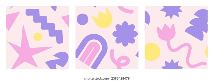Cool Brutalism Seamless pattern set. Naive playful pastel color shapes in trendy brutalist style. Brutal contemporary figure. Swiss design Geometric background for poster, T-shirt.