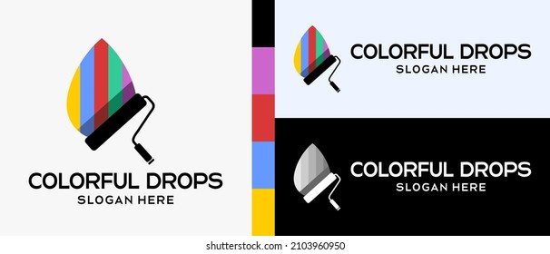 cool building paint logo design template. vector illustration. Roll brush with silhouette and colorful water drops icon. logo illustration for wall or building paint. Premium Vector