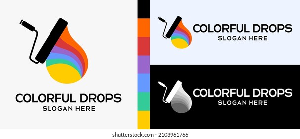 cool building paint logo design template. vector illustration. Roll brush with silhouette and water drop icon with rainbow color concept. logo illustration for wall or building paint. Premium Vector
