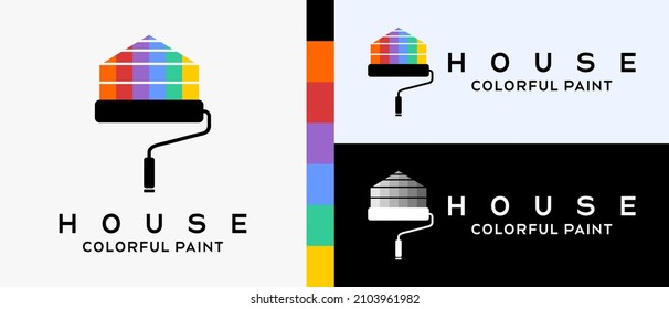 cool building paint logo design template. vector illustration. Roll brush with silhouette and house icon with rainbow color concept. logo illustration for wall or building paint. Premium Vector