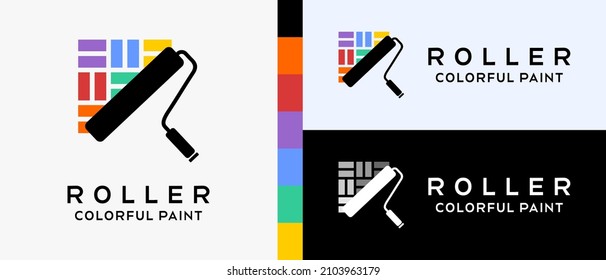 cool building paint logo design template. paint roller brush and brick icon with rainbow color concept. logo illustration for wall or building paint. Premium Vector