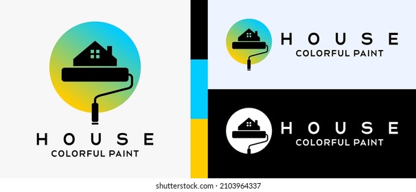 cool building paint logo design template. Roll brush with silhouette and house icon in dots. logo illustration for wall or building paint. Premium Vector