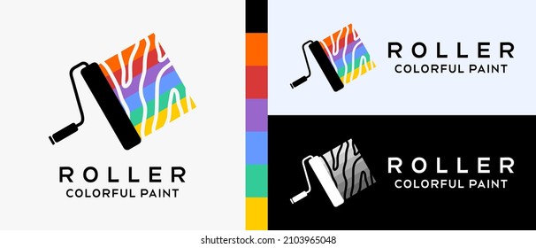 cool building paint logo design template. roller paint brush with silhouettes and brush strokes with rainbow colored stripes. logo illustration for wall or building paint. Premium Vector