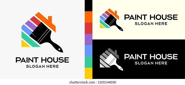 cool building paint logo design template. paintbrush with silhouette and house icon in rainbow colors concept. vector illustration of a logo for wall or building paint. Premium Vector