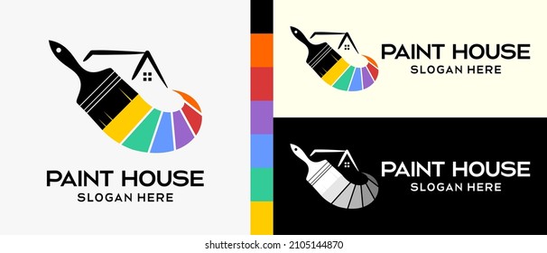 cool building paint logo design template. paintbrush with silhouette and house icon, rainbow color concept. vector illustration of a logo for wall or building paint. Premium Vector