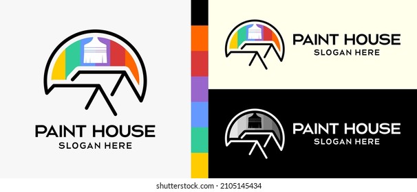cool building paint logo design template. paintbrush with silhouette and house icon in line art style. vector illustration of a logo for wall or building paint. Premium Vector