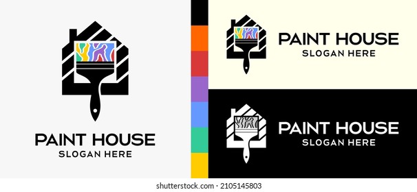 cool building paint logo design template. paintbrush and house in silhouette with rainbow color concept elements. vector illustration of a logo for wall or building paint. Premium Vector