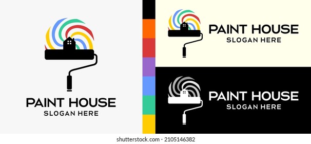 cool building paint logo design template. Roller brush with silhouette and house icon in rainbow swirl elements. vector illustration of a logo for wall or building paint. Premium Vector