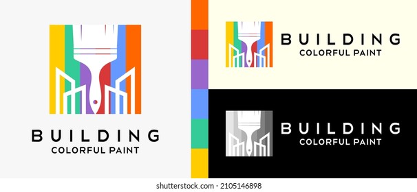 cool building paint logo design template. paintbrush with silhouettes and buildings in line art style in rainbow colors concept. vector illustration of a logo for wall or building paint.