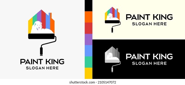 cool building paint logo design template. roller brush with silhouette and lion in rainbow colors concept. vector illustration of a logo for wall or building paint. Premium Vector