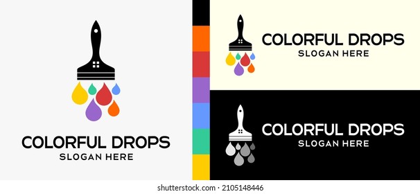 cool building paint logo design template. paintbrush with rainbow colored water drop silhouette and icon. vector illustration of a logo for wall or building paint. Premium Vector