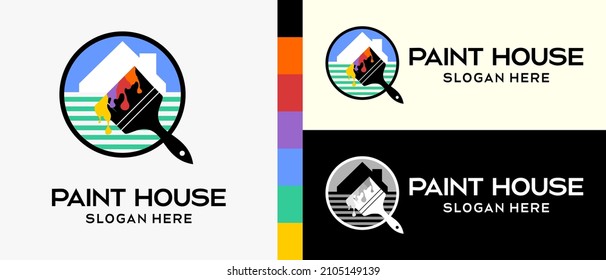 cool building paint logo design template. paintbrush with silhouette and house icon in circle. vector illustration of a logo for wall or building paint. Premium Vector