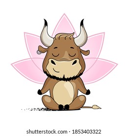 Cool bull doing yoga, sitting in lotus pose. Symbol of 2021, year of the ox. Cartoon vector illustration